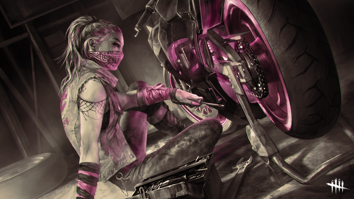 Yun-Jin Lee from Dead by Daylight working on a motorcycle