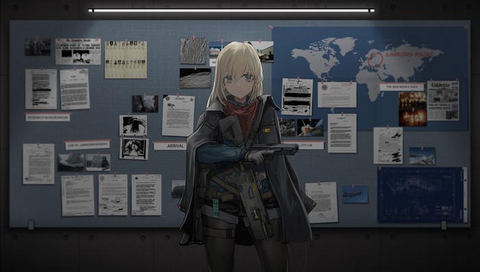 Anime girl with weapon in front of a mission board