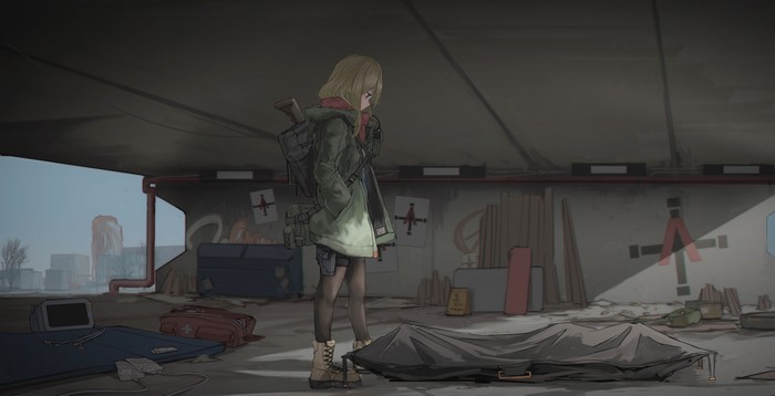 Anime girl with rifle in post-apocalyptic shelter