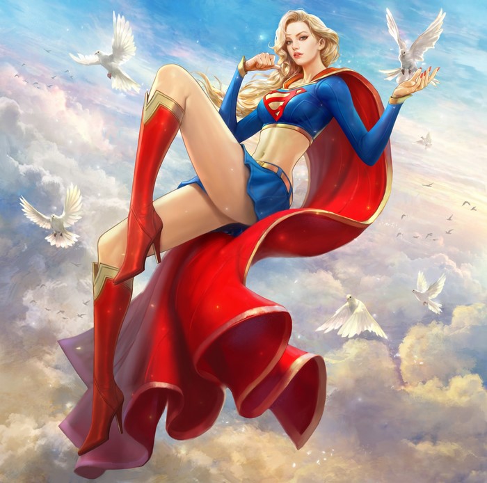 Supergirl from DC Comics flying with doves