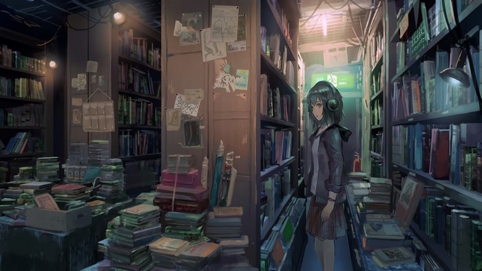 Anime girl with headphones in a library