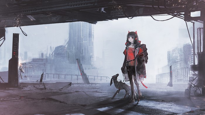 Anime girl with horns and dog in ruined city