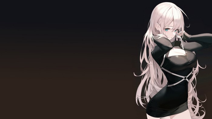 Anime girl with white hair in black dress