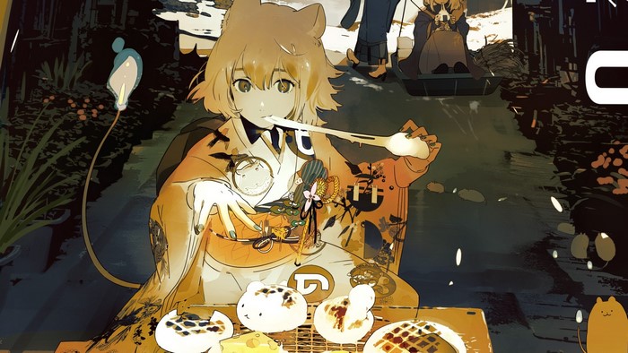 Anime girl in kimono eating food