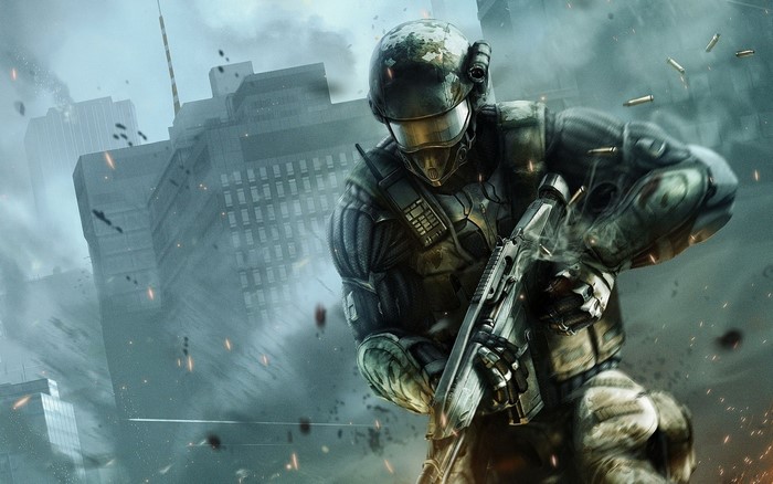 Soldier in Nanosuit from Crysis 2 firing weapon in city