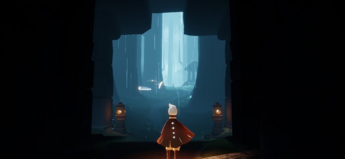 Character from Sky (game) in a cave entrance