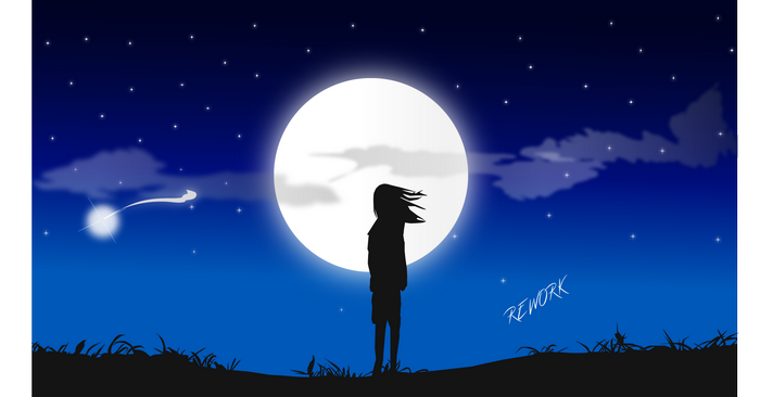 Silhouette of a person under a large full moon at night