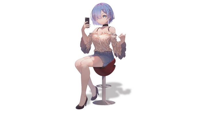 Rem from Re: Zero taking a selfie on a stool
