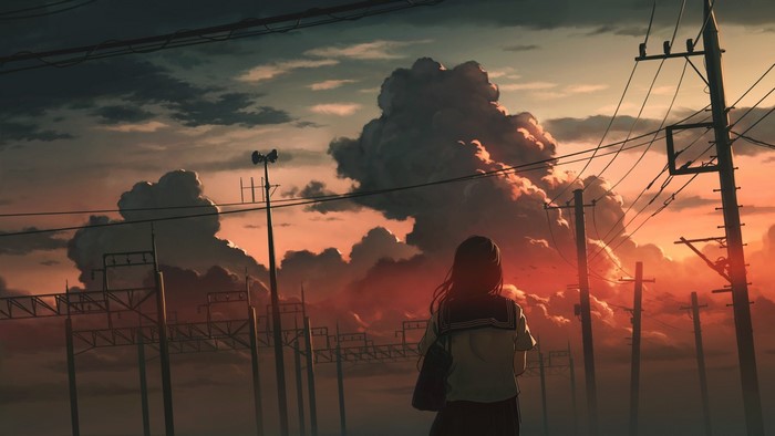 Anime girl in school uniform looking at sunset clouds