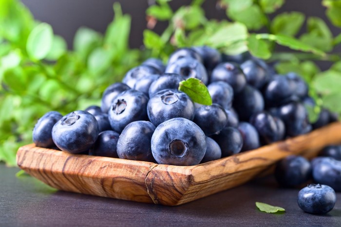 Blueberries in a wooden bowl with green leaves