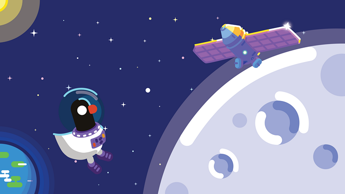 Cartoon astronaut bird in space near Moon and satellite