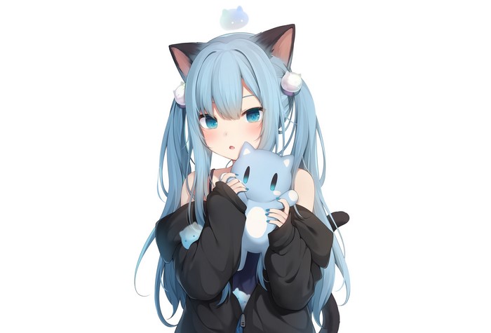 Anime girl with blue hair and cat ears holding a plush toy