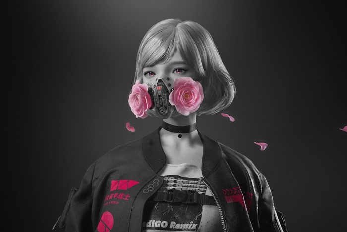 Cyberpunk girl with pink flowers and mask
