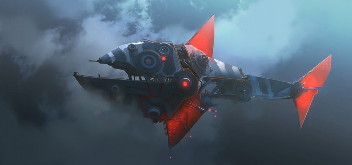 Fantasy art of a mechanical shark vehicle