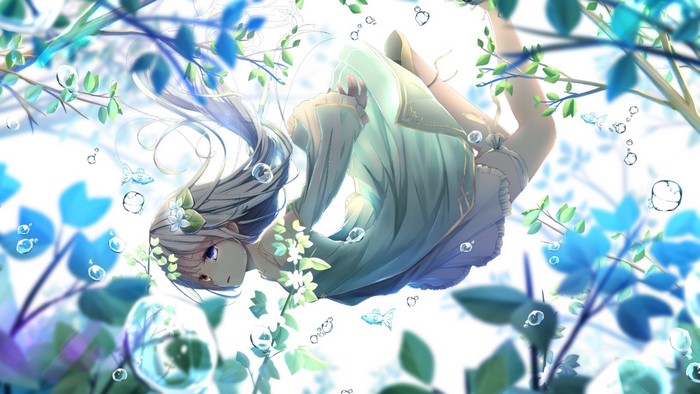 Anime girl with heterochromia falling among blue leaves