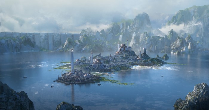 Fantasy city on islands in a lake with mountains
