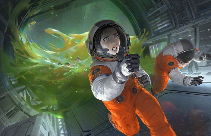 Astronauts encountering a green slime in a spaceship