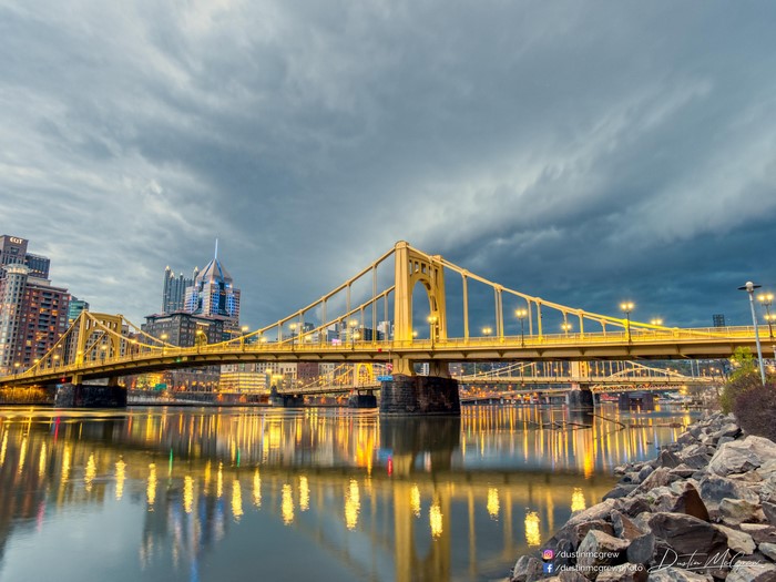 Pittsburgh bridges over river at dusk