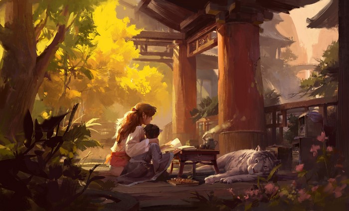 Artwork of a woman and child reading with a tiger