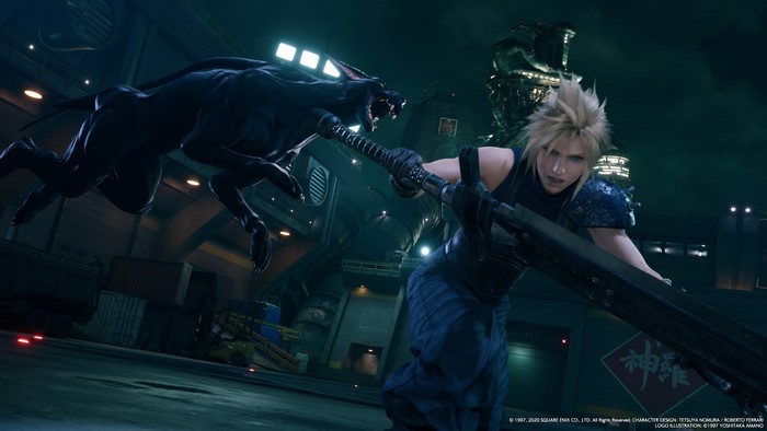 Cloud Strife from Final Fantasy VII: Remake fighting a wolf-like creature