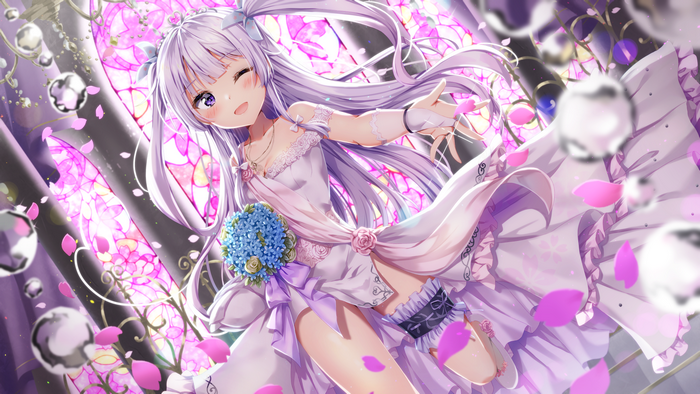 Anime girl with silver hair and purple eyes in a white dress