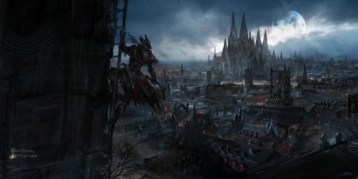 Hunter climbing a building in Yharnam, Bloodborne