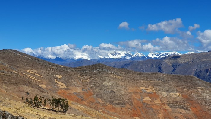 Terraced hills and snow-capped mountains under a blue sky in Peru