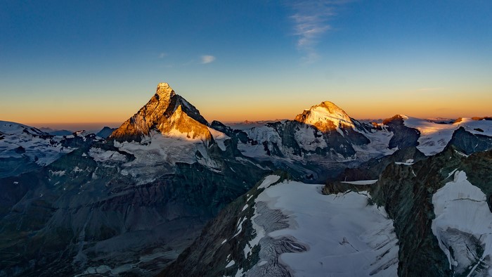 Matterhorn mountains at sunset with snow and glaciers