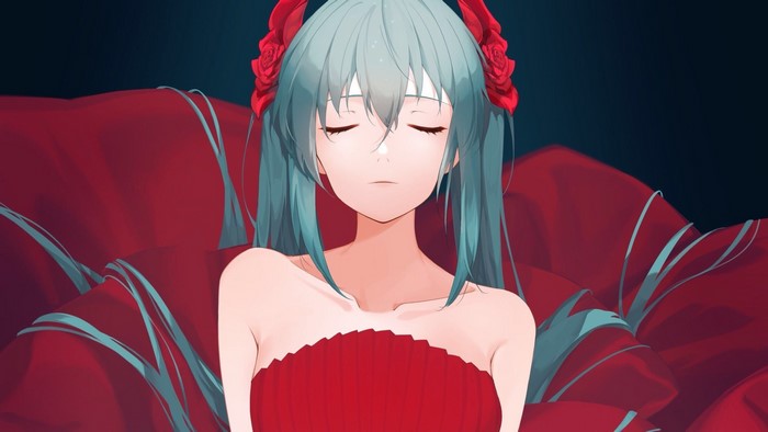 Hatsune Miku from Vocaloid with closed eyes