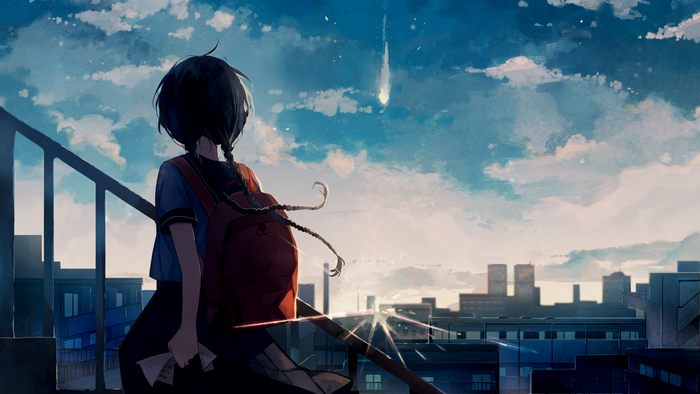 Anime girl with backpack looking at the sky