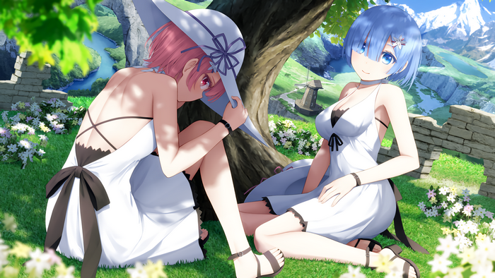 Rem and Ram from Re:Zero in white dresses