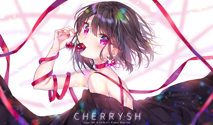 Anime girl with cherries and ribbons