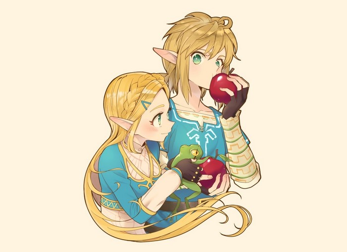 Link and Zelda from The Legend of Zelda holding apples and a frog