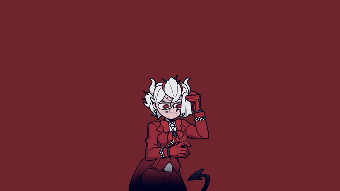Demon girl in red suit with white hair and red eyes