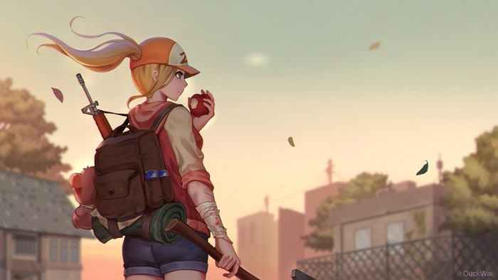 Girl with backpack and gun eating an apple