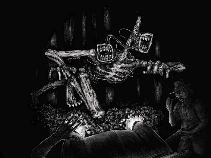 Siren Head monster attacking people in a dark forest