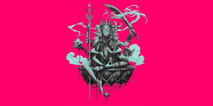 Fantasy art of a multi-armed deity with horns and a sword