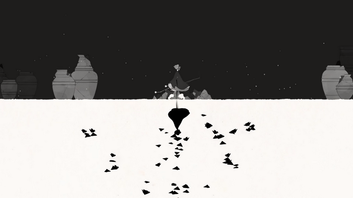 Character from Gris standing in a desolate landscape