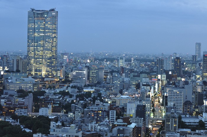 Cityscape with illuminated skyscrapers at dusk