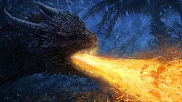 Dragon breathing fire in a dark forest