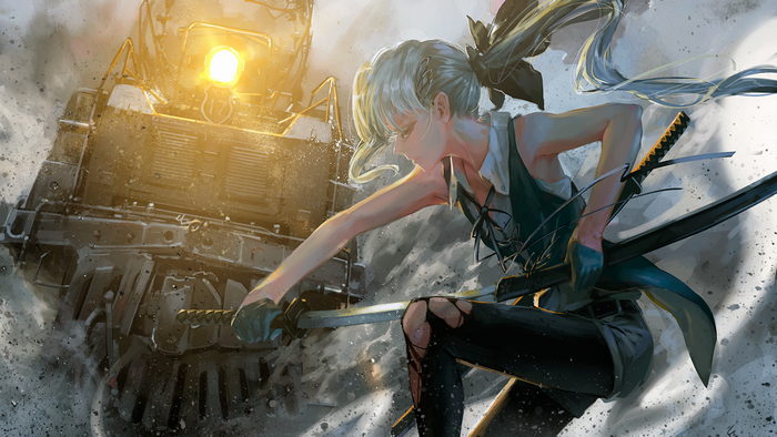 Girl with swords and a train