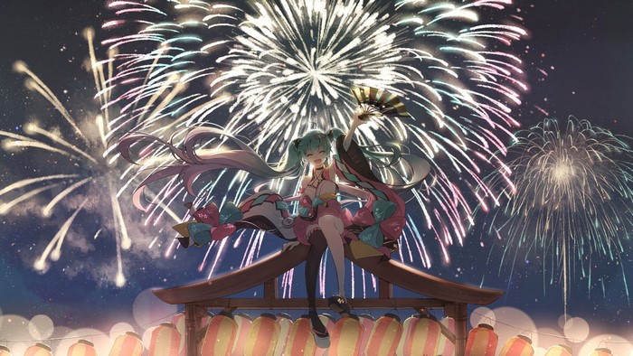 Hatsune Miku enjoying fireworks festival