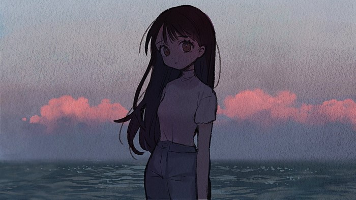 Anime girl standing by the sea at sunset