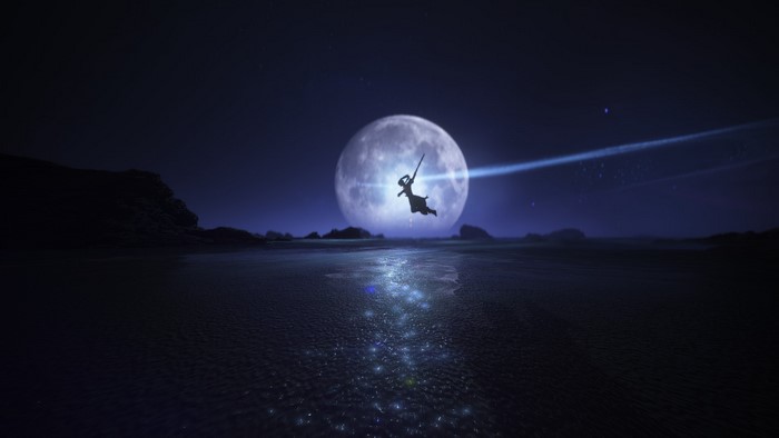 Character flying in front of a large moon in Swords of Legends