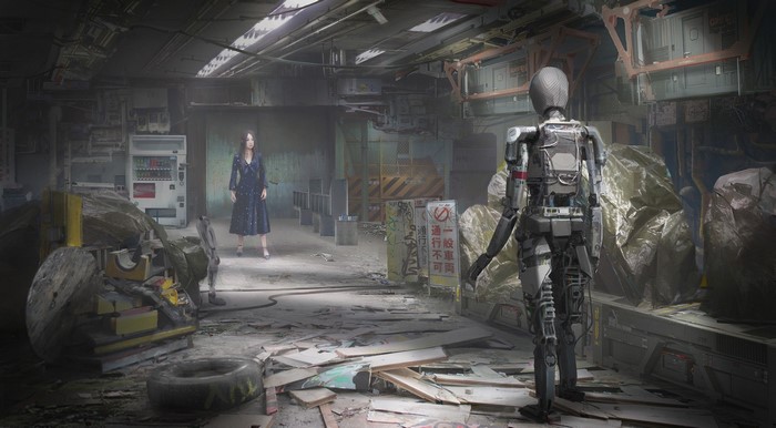 Robot and woman in a futuristic junkyard