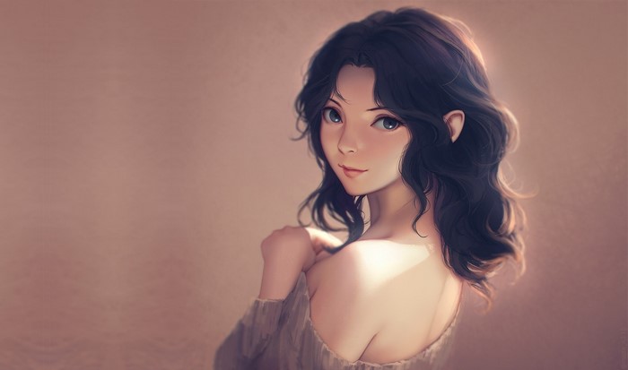 Anime girl with dark hair looking over shoulder