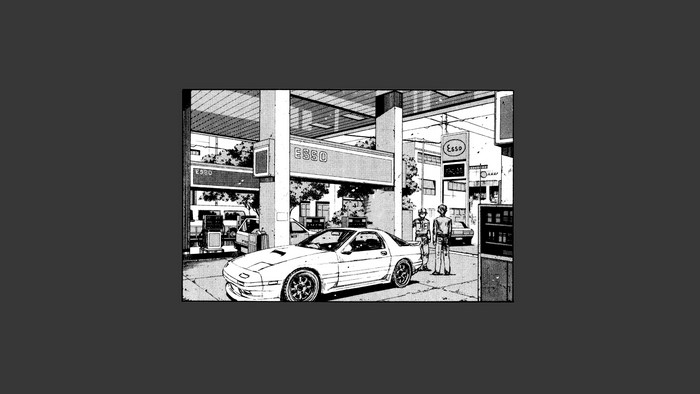White car at Esso gas station with two people