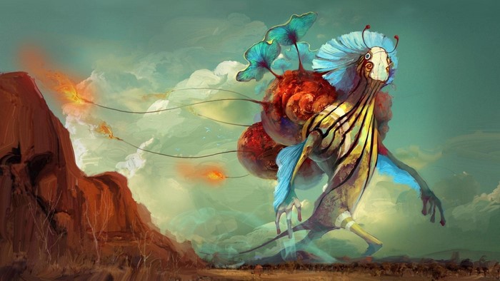 Fantasy creature with blue and red growths walking in a landscape