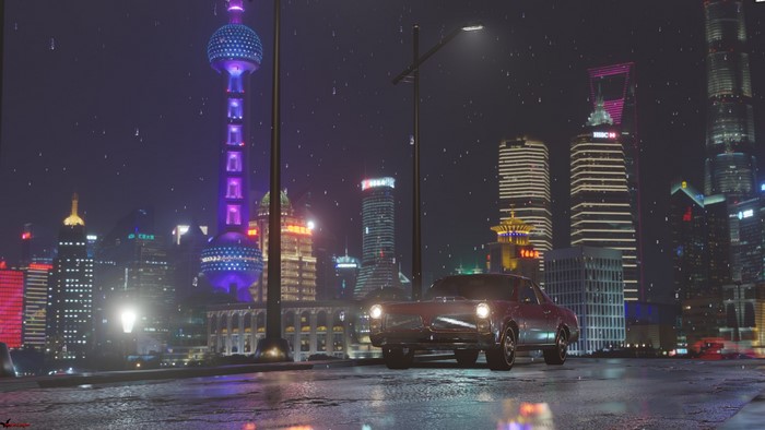 Pontiac GTO driving through rainy Shanghai at night