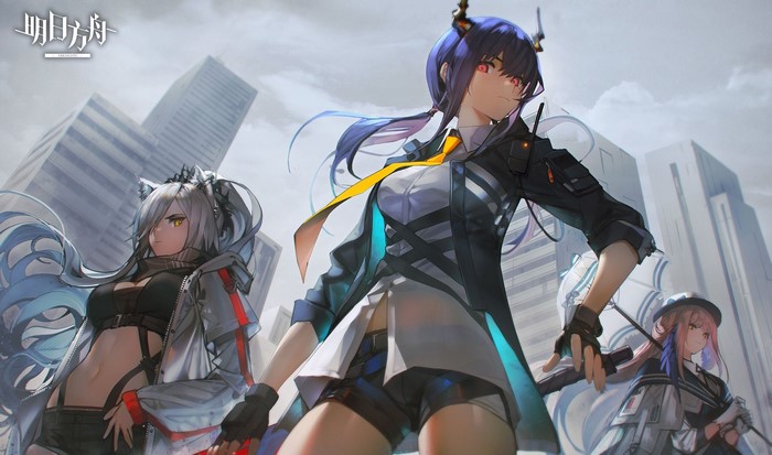 Arknights characters in a city